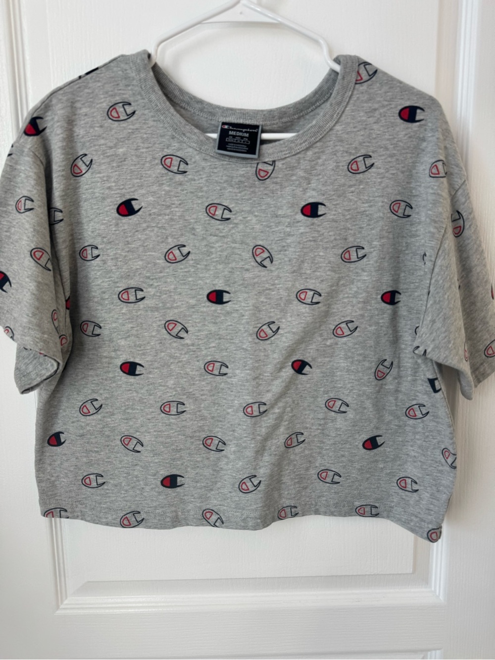 Champion Grey Cropped Tee with Navy & Red Logo Print